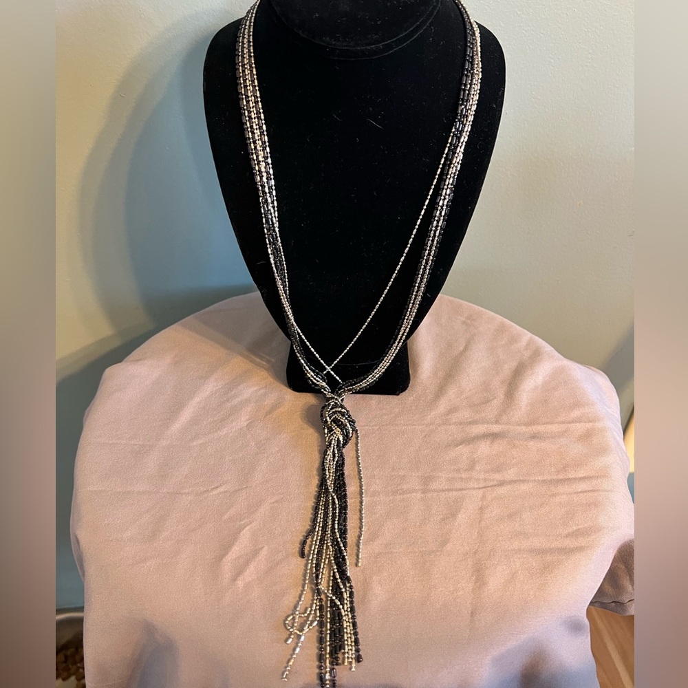 Elegant Silver Tone And Black Beaded Long Tied Necklace. Vintage